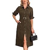 YEXPINE Women's Corduroy Midi Dress Long Sleeve Belted Button Down Shirt Long Dress with Pockets