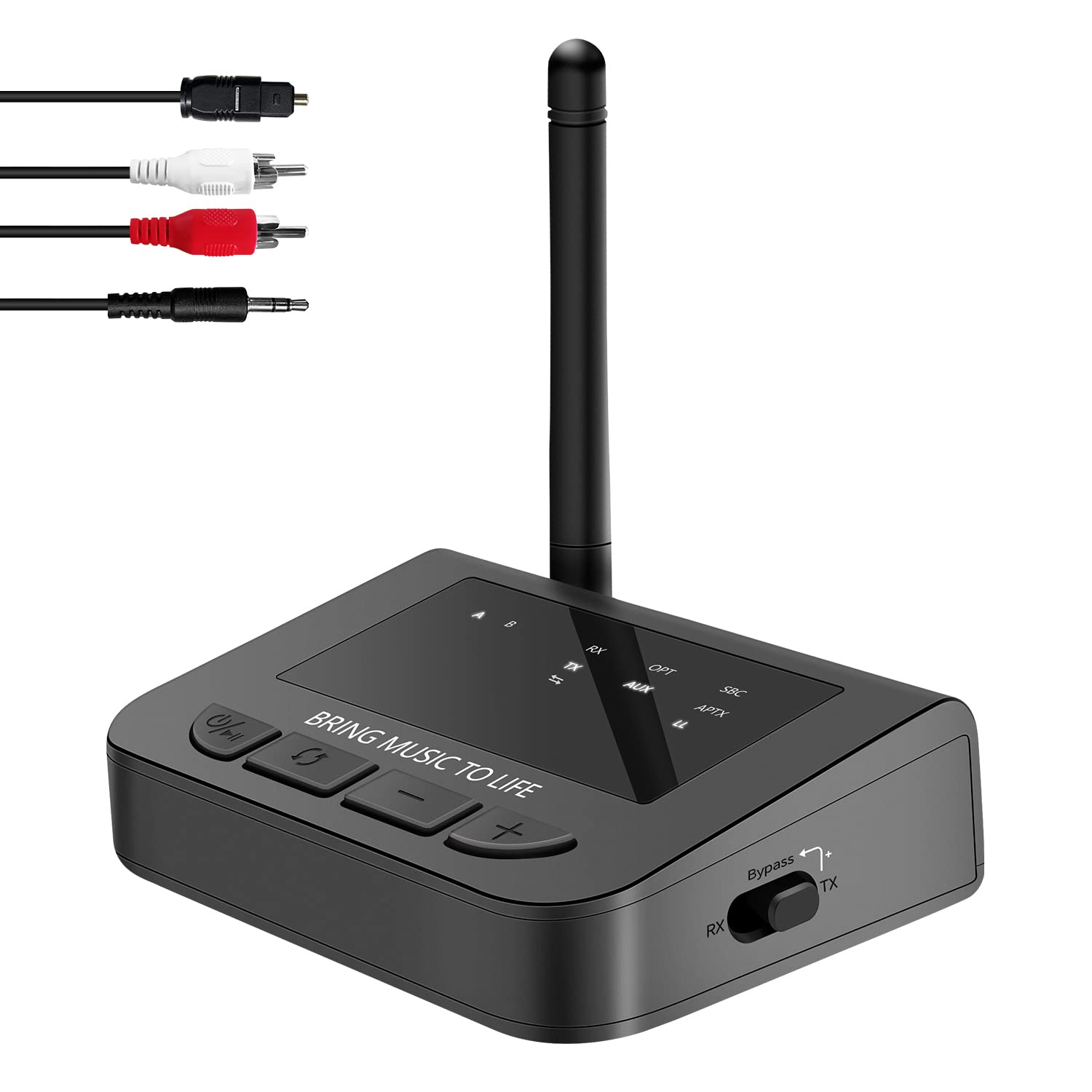 Giveet 164FT Long Range Bluetooth Transmitter Receiver with Audio Pass-Thru for TV Stereo, 40ms Low Latency, 3-in-1 Wireless AUX Adapter with Digital Optical 3.5mm RCA, Always On, Plug & Play