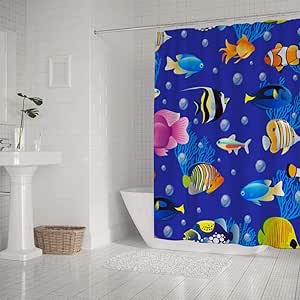 Kuizee Cortina de ducha Impermeable? Cute Blue Sea Fish Peces Acuario