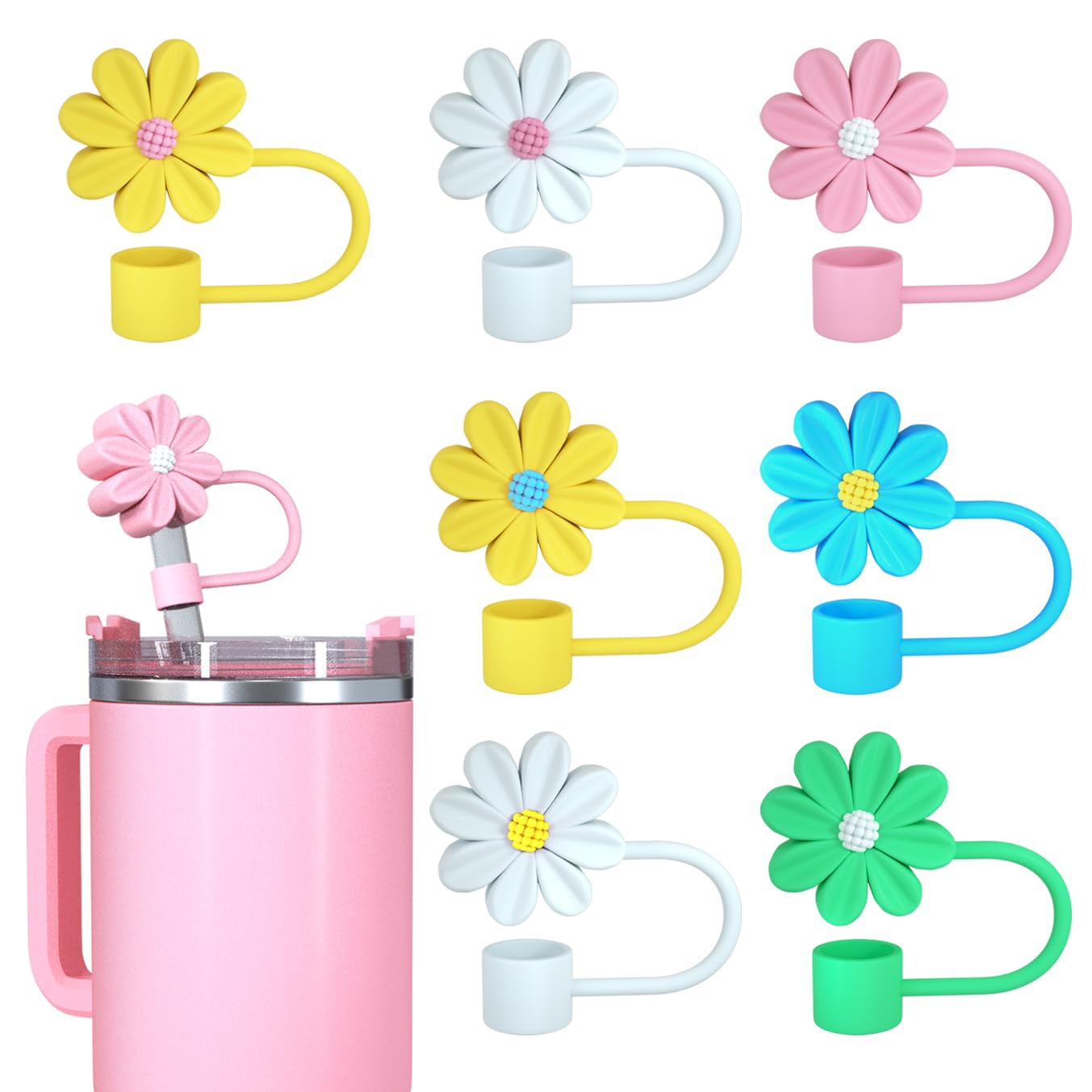Spove Straw Cover Caps for Stanley Cup, Compatible with 30&40 Oz Tumblers, 10mm Dust-Proof Reusable Straw Tips Lids, 7pcs Flowers