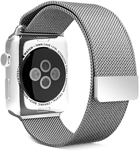 Apple Watch Band,Piqiu Fully Magnetic Closure Clasp Mesh Loop Milanese Stainless Steel Bracelet Strap for Apple Watch Sport &amp; Edition 38mm All Models No Buckle Needed -- Silver