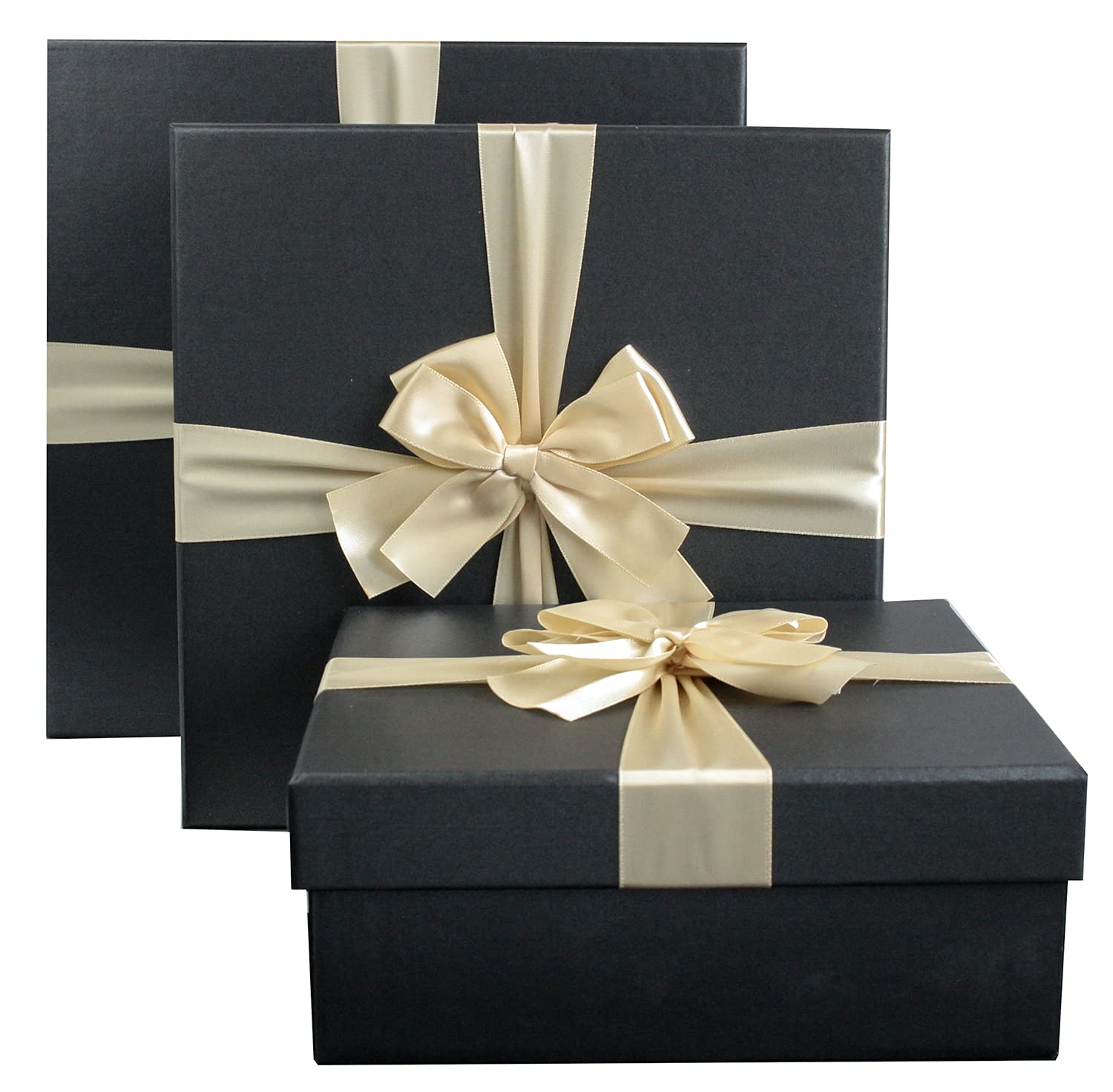 Emartbuy Black Rigid Gift Box with Ribbon Set of 3 – Large, Medium, Small – Luxury Cardboard Presentation Box|Premium Packaging for Hampers, Birthdays, Weddings, Corporate Gifting — image 1