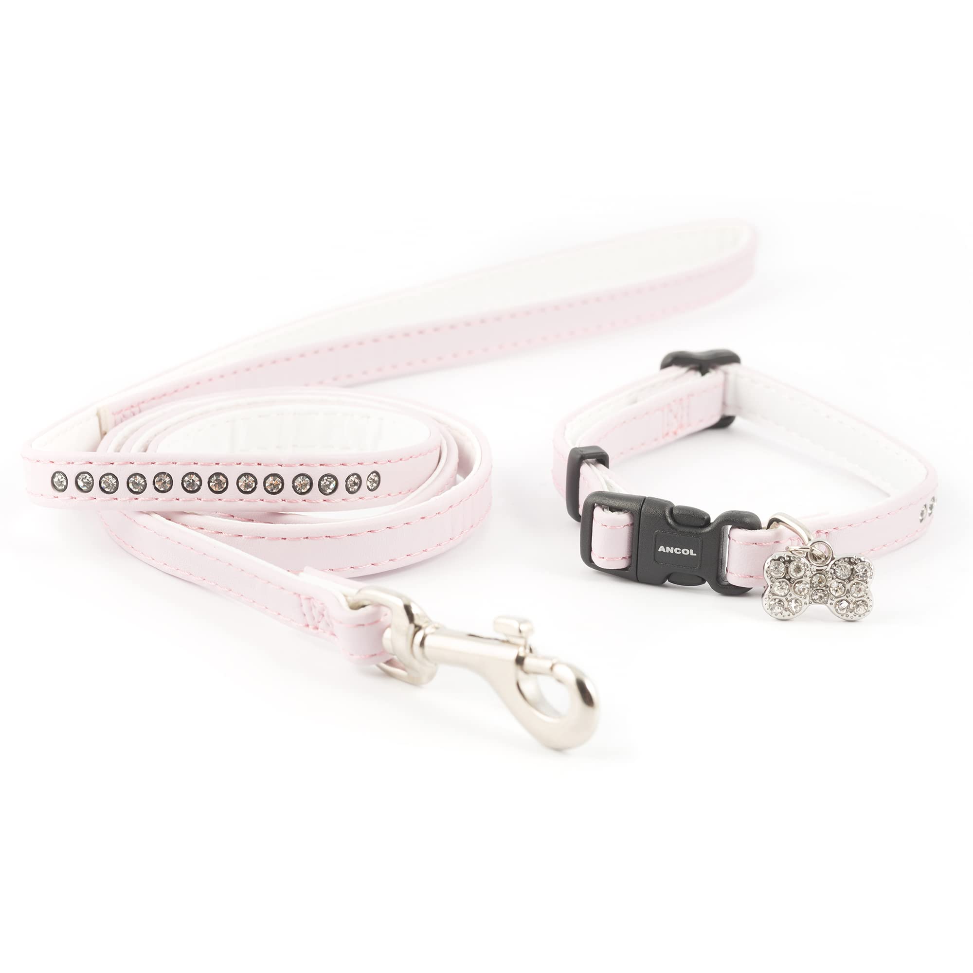 Ancol Small Bite Jewel Collar and Lead Set Pink Diamante Design - Adjustable Collar and 1m Lead for Small Dogs