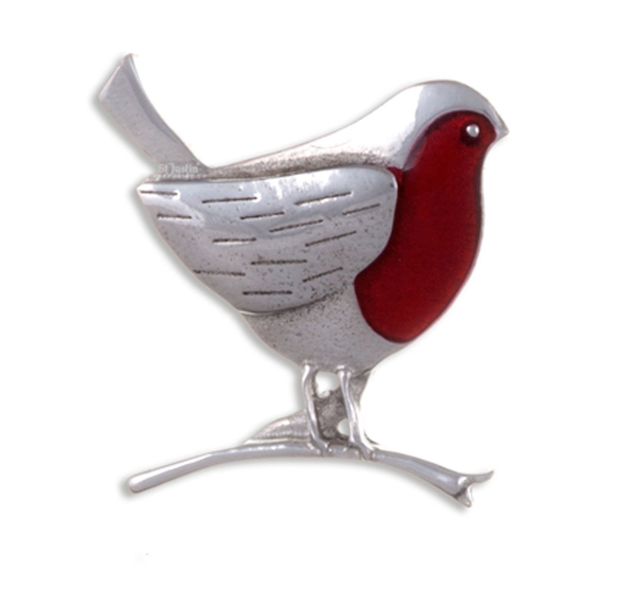 Pewter Red Enamel Robin Bird Brooch