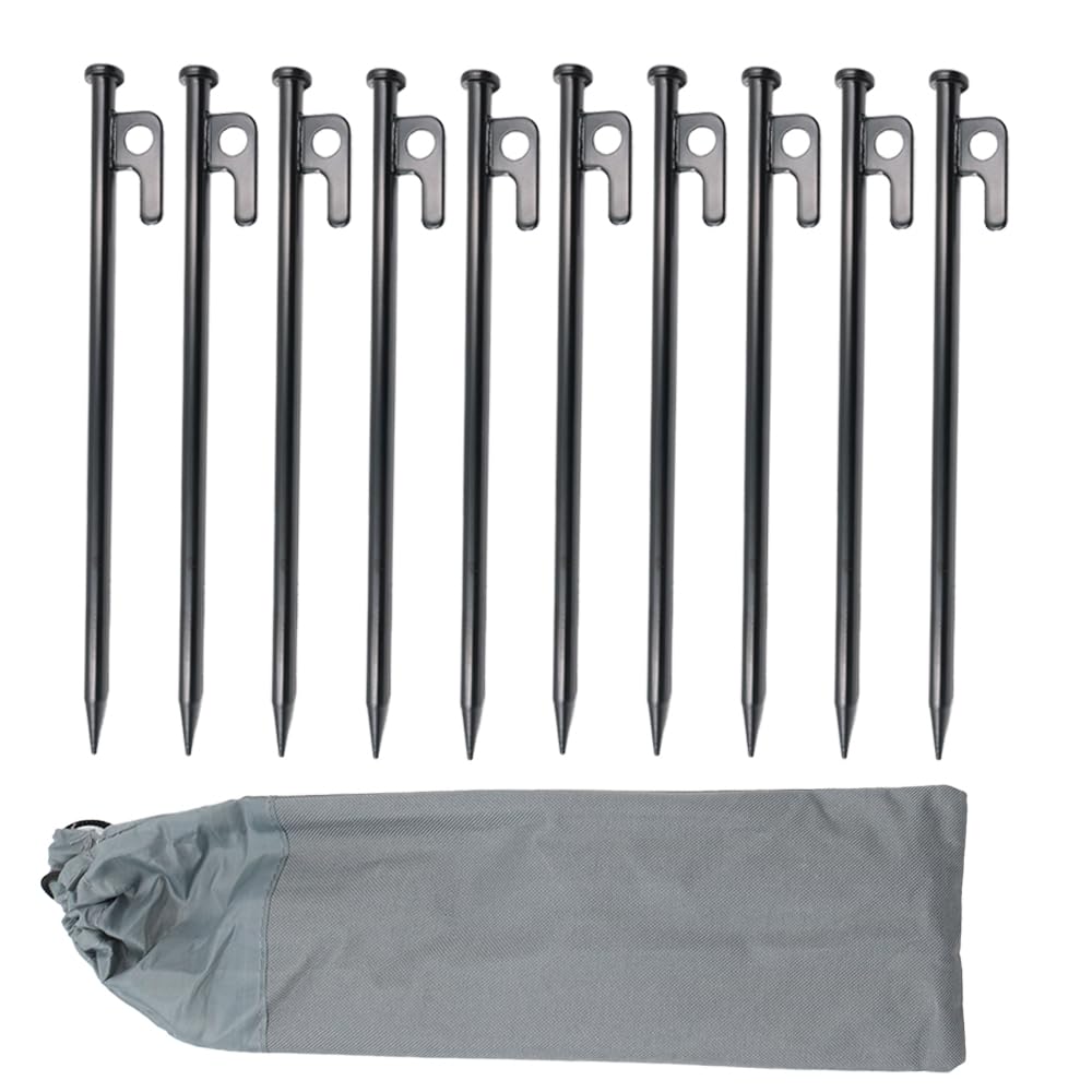 FONGKNOX 10 Pcs in a Set 25cm Long Tent Stakes with Carrying Pouch Heavy Duty Forged Steel Camping Tent Pegs Gound Nail Outdoor Camping Fishing Hunting RV Awnings Gazebo Canopy Black Colour