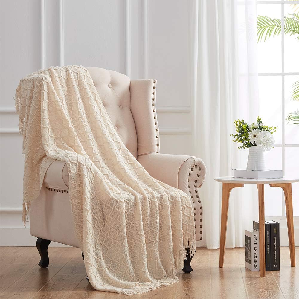SunStyle Home Throw Blanket for Couch Sofa, Decorative Knitted Blanket(50x60inch) with Tassels, Soft Lightweight Cozy Woven Blanket for Women, Men and Adults, Suitable for All Seasons, Navy: Kitchen & Dining