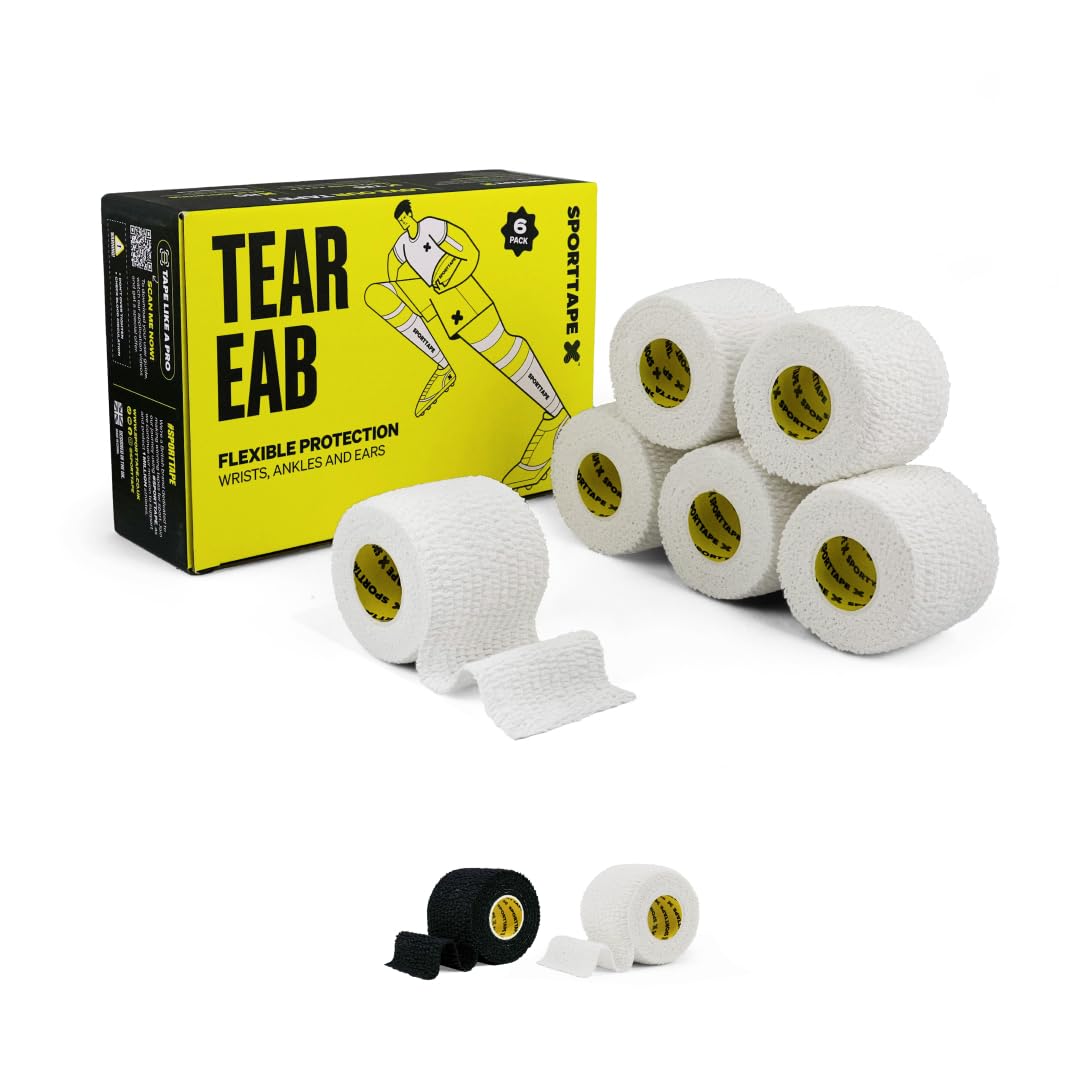 6 Rolls SPORTTAPE Tearable 5 cm x 4.5 m Elastic Adhesive Bandage EAB – Strong-Grip, Breathable Sports Tape | Rugby Lifting, Joint Support, Compression & Thumb Taping – White