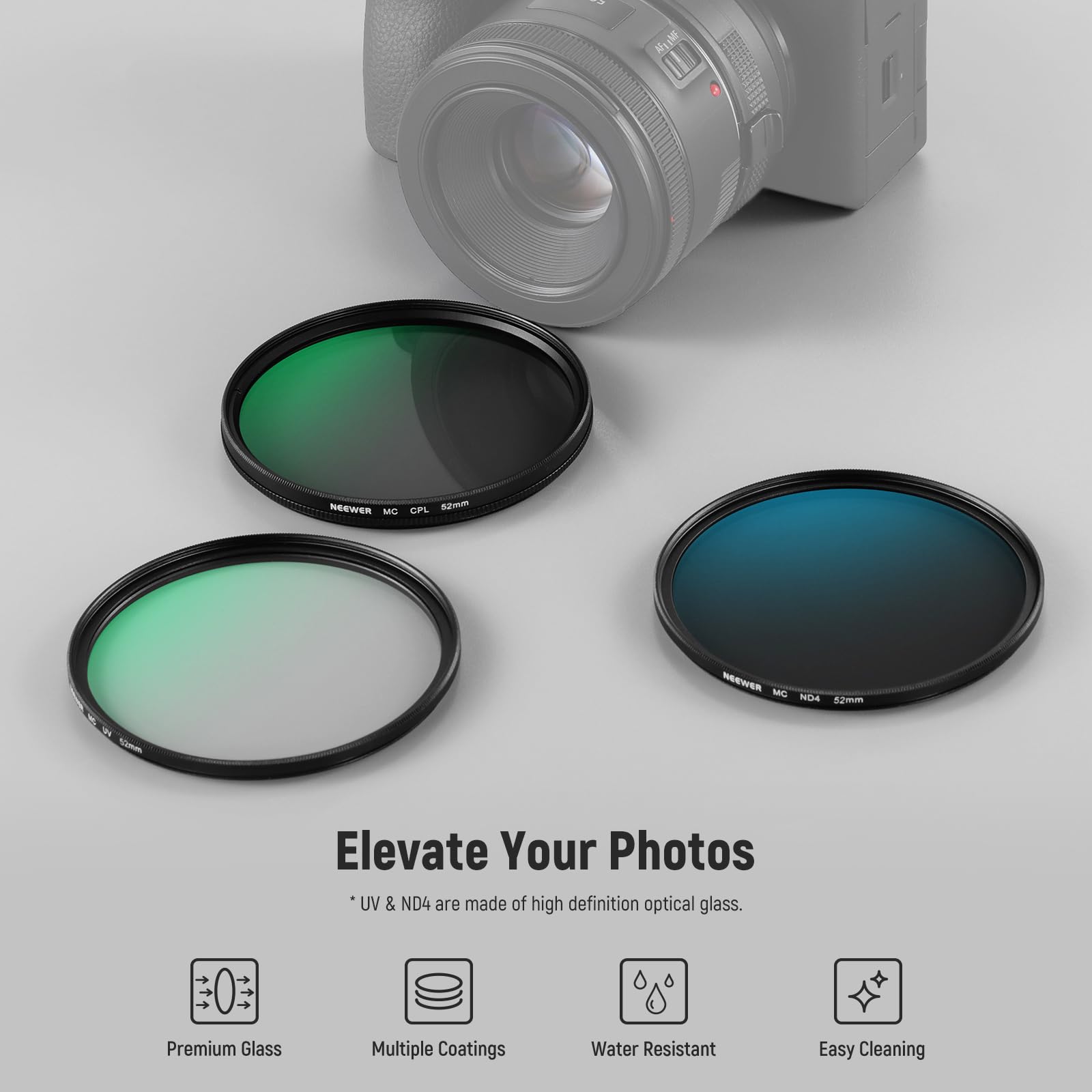 NEEWER 52mm UV/CPL/ND Lens Filter Kit with Hard Shell Storage Case, Multicoated Optical Glass & Aluminum Alloy Frame, UV + Circular Polarizer (CPL) + Neutral Density (ND4) Filter for Camera Lens