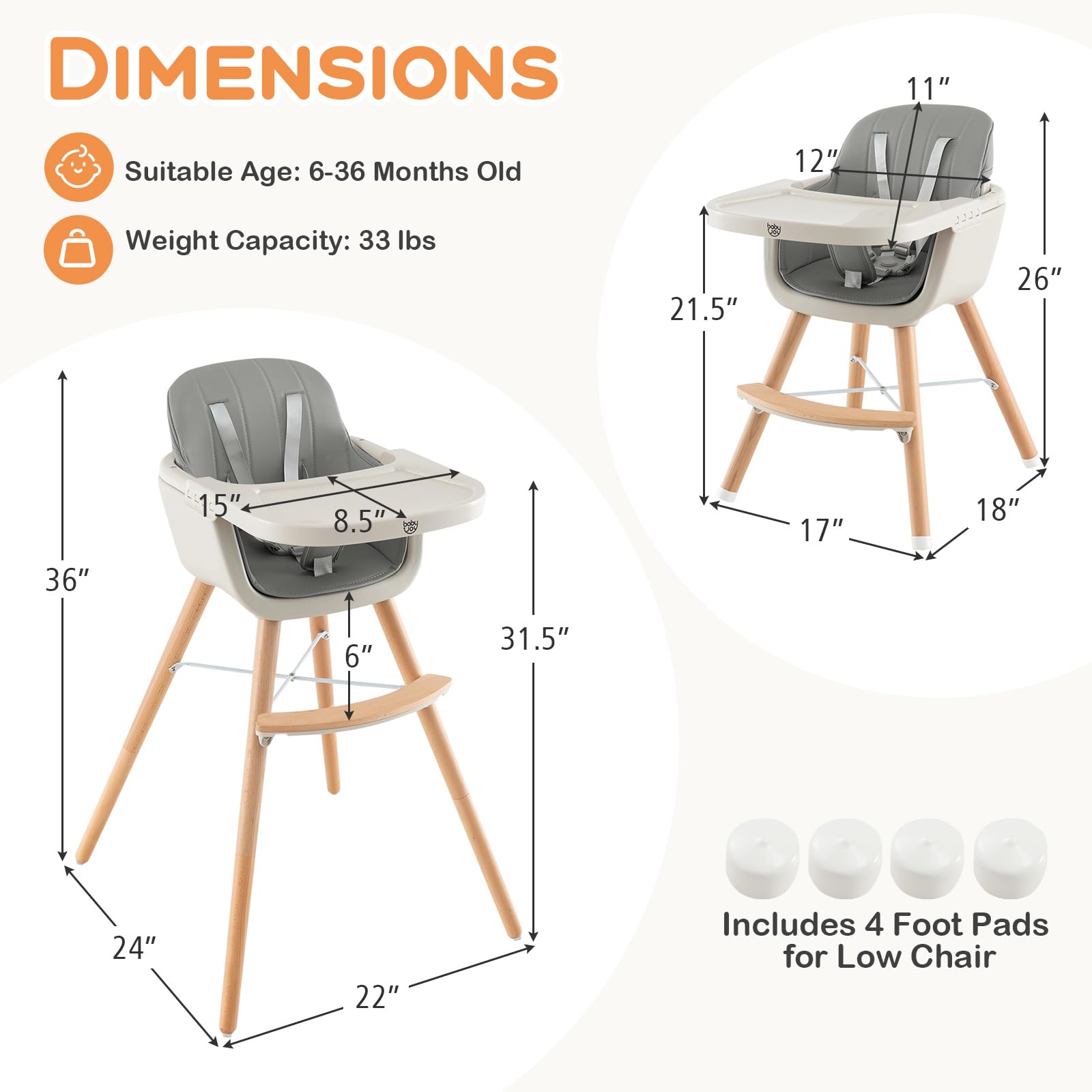 BABY JOY Convertible Baby High Chair, 3 in 1 Wooden Highchair/Booster/Chair with Removable Tray, Adjustable Legs, 5-Point Harness, PU Cushion and Footrest for Baby, Infants, Toddlers (Gray)