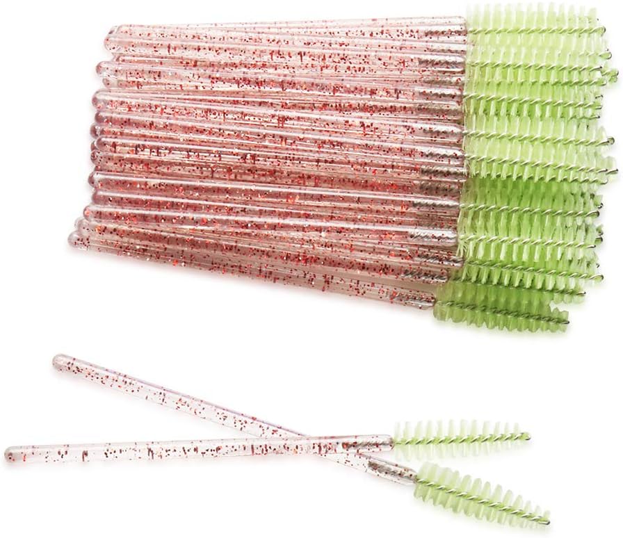 300 Pack Mascara Wands for Lash Extensions Disposable Eyelash Brushes Makeup Applicators Tool, Crystal Pink Handle Green Brush Head