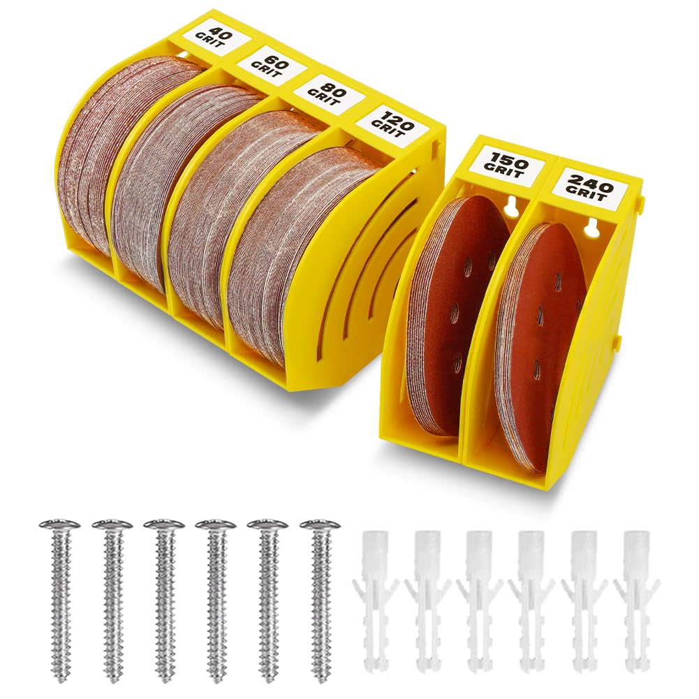 Photo 1 of gostle 6 Inch Sanding Disc Storage Box, Sandpaper Organizer with 6 Bins – Space-Saving Storage Rack, Offset Snap-On Connection, Grit Classification, Efficient Organization, Yellow