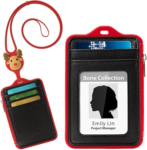 Amazon Bone キャラクター Idカードホルダー 小銭入れ 縦 Pu革 シリコン 両面 ネックストラップ付き 社員証 名札 定期入れ パスケース ファスナー付き 長さ調節可能 Lanyard Wallet レッド トナカイ 定期入れ