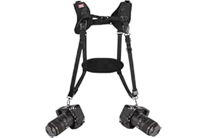 Quick Release Dual Camera Harness With Camera Safety Tether– Double Shoulder Camera Strap for 2 Cameras – Adjustable Length, 