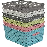 Rinboat Mixed Color Rectangle Storage Baskets, Plastic Weave Shelf Baskets, 6 Packs