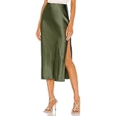 Skrtimory Womens Satin Silk High Waist Slit Midi Skirt Elastic Waistband Midi Skirts for Women