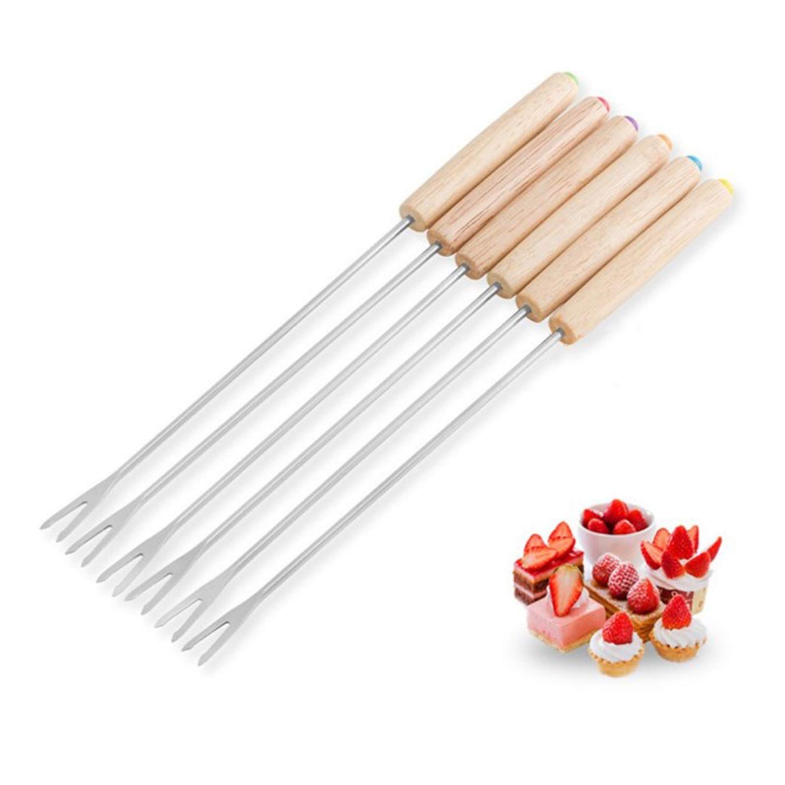Stainless Steel Fondue Forks Shape Hot Fork with Wooden Handle Stainless-Steel Skewers with Wood Handles Roasting Sticks with Wooden Handle Extendable Chocolate Cheese Dessert Fondue Forks(6 Pieces)