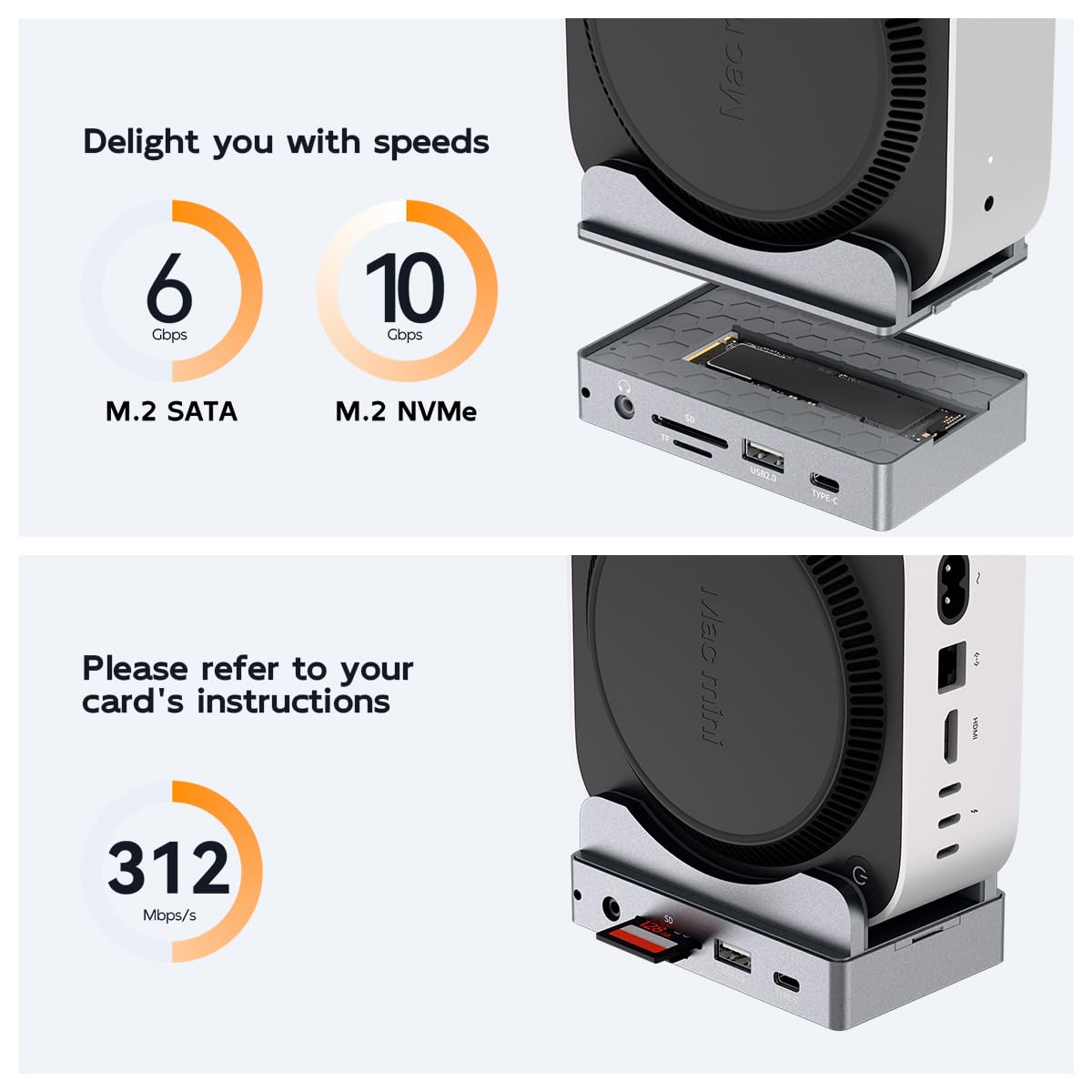 MAIWO Mac mini M4 Dock & Stand with SATA NVMe Enclosure, Mac mini M4 Pro Hub with 2xUSBA 3.1, 1xUSBA 2.0, USB C Data Port Up to 10Gbps, RJ45 Gigabit Network Port, HD 4K Port, SD/TF Slot