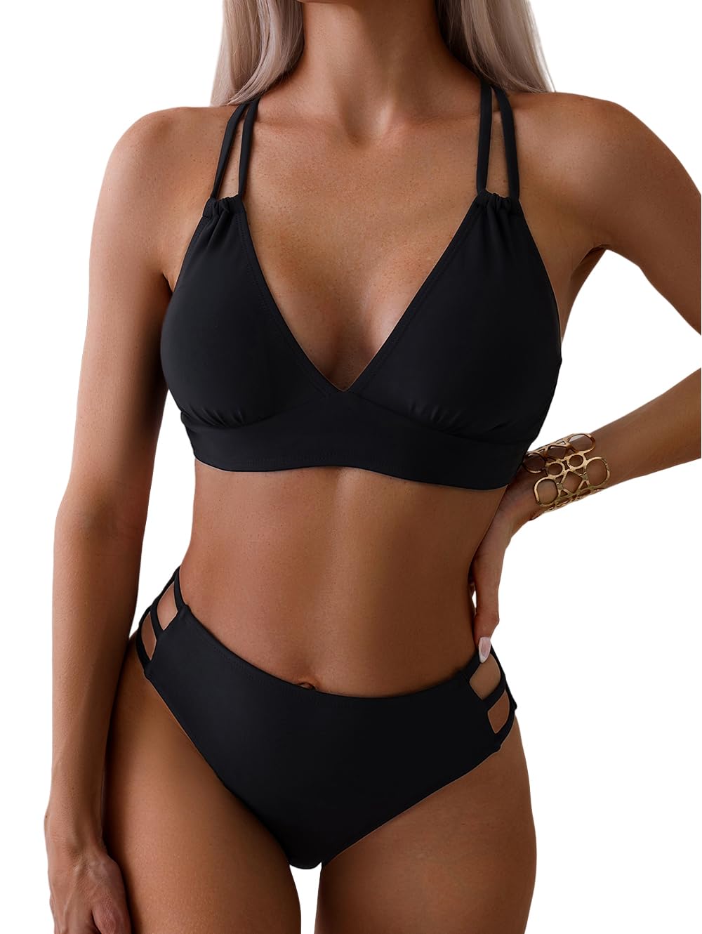 Photo 1 of Tainehs Women's Push Up V Neck Bikini Sets Criss Cross Back Two Piece Bathing Suit Black