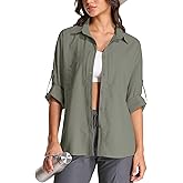 Womens UPF 50 Long Sleeve Sun Shirt Safari Hiking Quick Dry UV Protection Button Up Travel Shirt for Fishing Gardening Africa