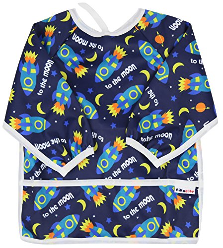Pikababy Long Sleeved Bib Waterproof Bibs with pocket - 6 to 24 months baby girl and boy colors (Rockets)