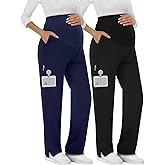 Sweetyweee 2 Pack Women's Maternity Scrubs Pants with 6 Pockets Pregnancy Workwear Stretchy Straight Leg Cargo Trousers