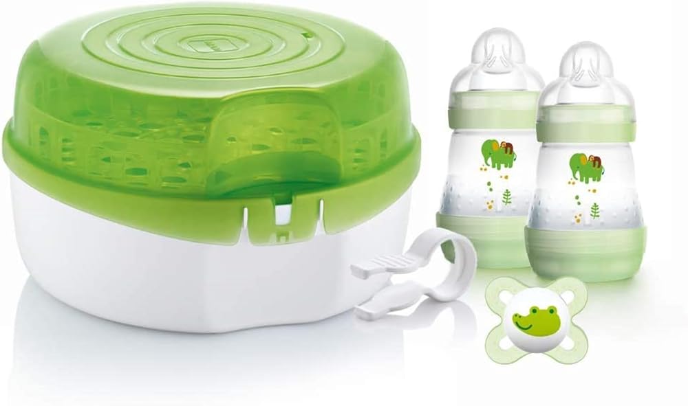 MAM Microwave Steriliser with 2 Easy Start Anti-Colic Bottles & Soother