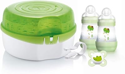 MAM Microwave Steriliser with 2 Easy Start Anti-Colic Bottles & Soother