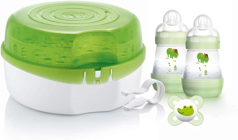 MAM Microwave Steriliser with 2 Easy Start Anti-Colic Bottles & Soother
