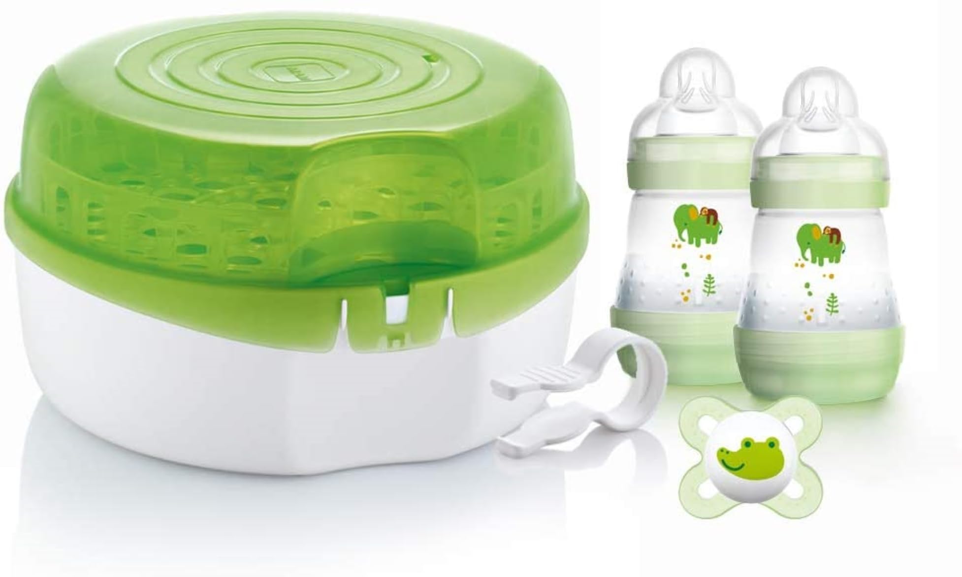 MAM Microwave Steriliser | Comes with 2X MAM Easy Start Anti-Colic Bottle and Soother | for Quick and Easy Steam Sterilisation | Sterilises 6X Bottles in 5 Minutes | Baby Accessories