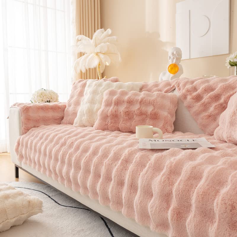 Topchances Soft Plush Sofa Cover - New Non-Slip Sofa Covers 1 2 3 Seater, Rabbit Faux Fur Couch Covers, Fluffy Couch Cover, Sofa Cover L Shape Furniture Protector for Living Room (Pink) — image 1