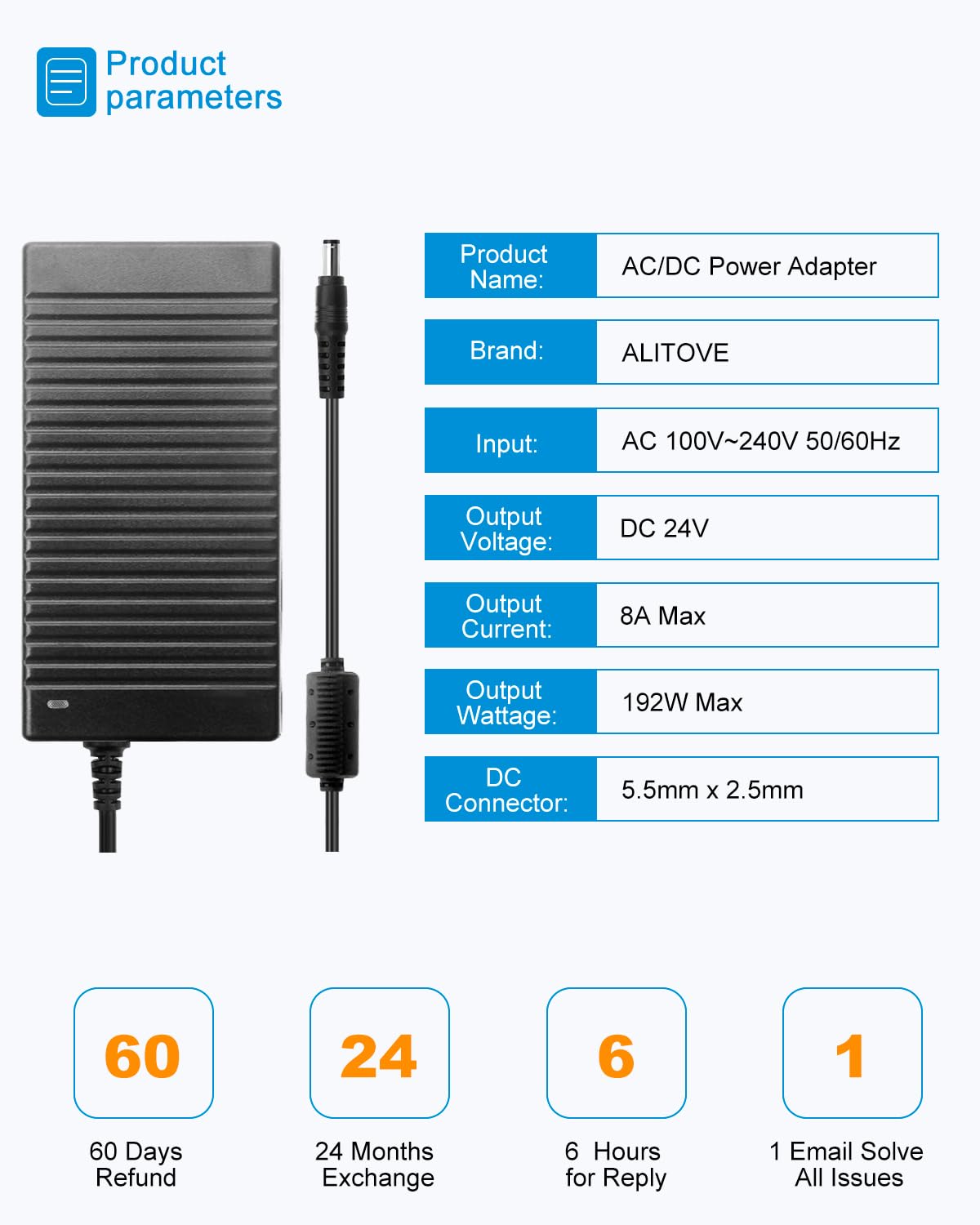 ALITOVE 24V 8A Power Supply Adapter 100~240V AC to DC 24 Volt 8Amp 192W Power Converter 7.5A 7A 6.5A 6A Low Voltage Transformer 5.5x2.5mm for LED Light CCTV Camera LCD Monitor