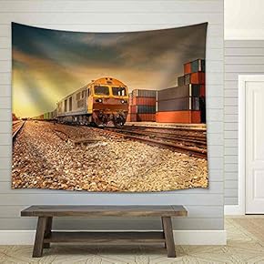 Cargo Train Platform at Sunset with Container - Fabric Wall Tapestry Home Decor - 51x60 inches