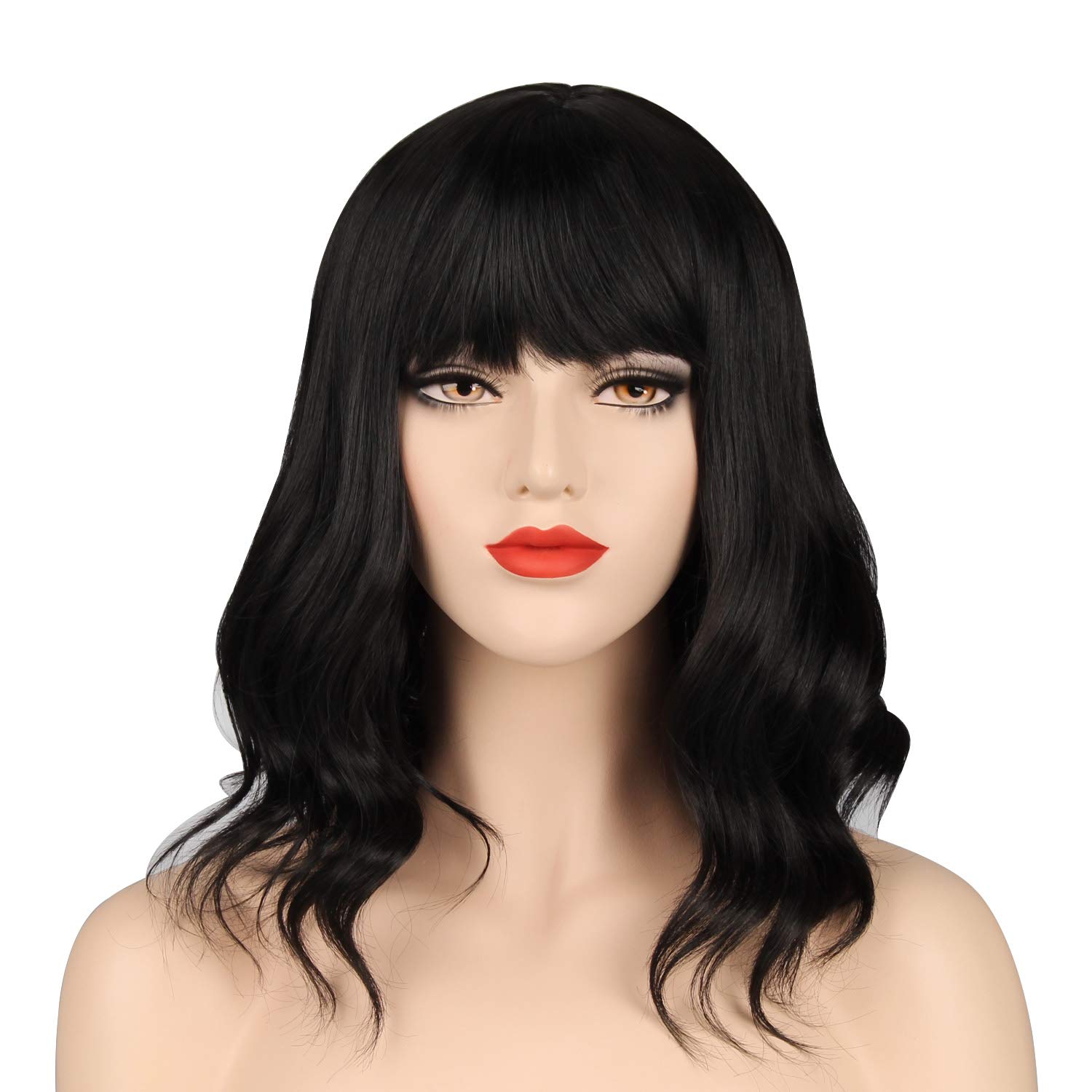 OKVGO Short Curly Bob Wig with Wig Cap for Women Cosplay Party and Daily Use Black