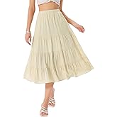 Allegra K Women's Midi Skirts Flare Tiered Pleated Boho Solid Elastic Waist Long A-Line Skirt with Pockets