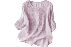 Embroidered Cotton Linen Tops for Women 3/4 Sleeve Summer Boho Peasant Blouses Dressy Casual Bohemian Tunic Shirts