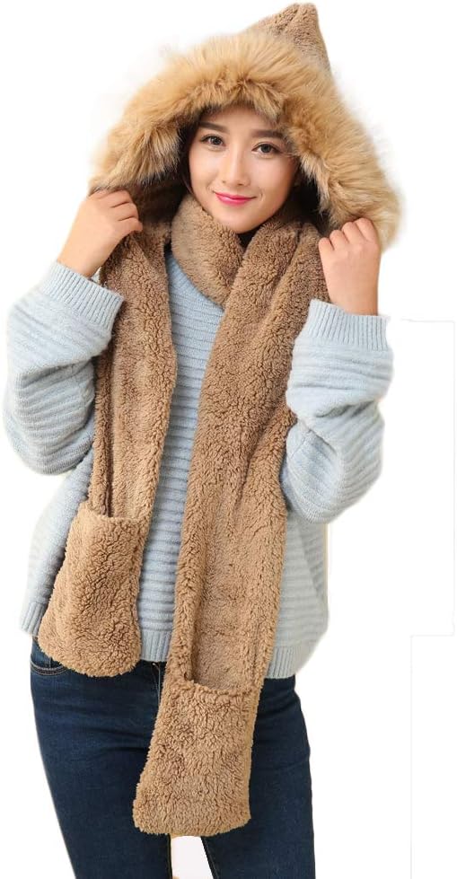Oksakady 3 in 1 Women Multi-functional Soft Warm Cute Fleece Christmas Antlers Panda Hat Scarf Glove Set