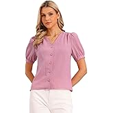Allegra K Short Sleeve Tops for Women's V Neck Button Down Dressy Casual Blouses