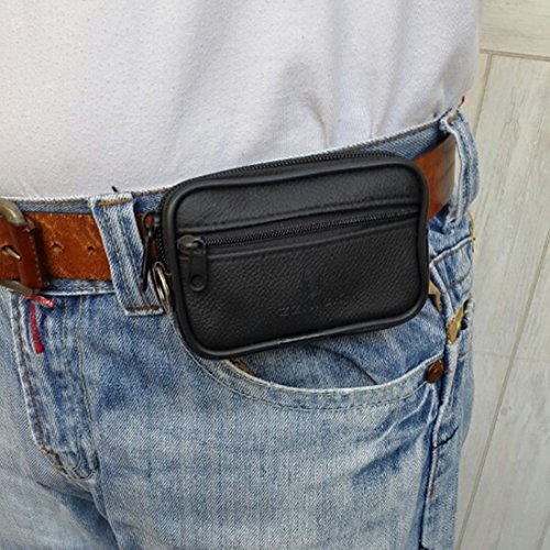 Black Leather Pocket Belt Loops Waist Bag Mini Coin Wallet Key Ring