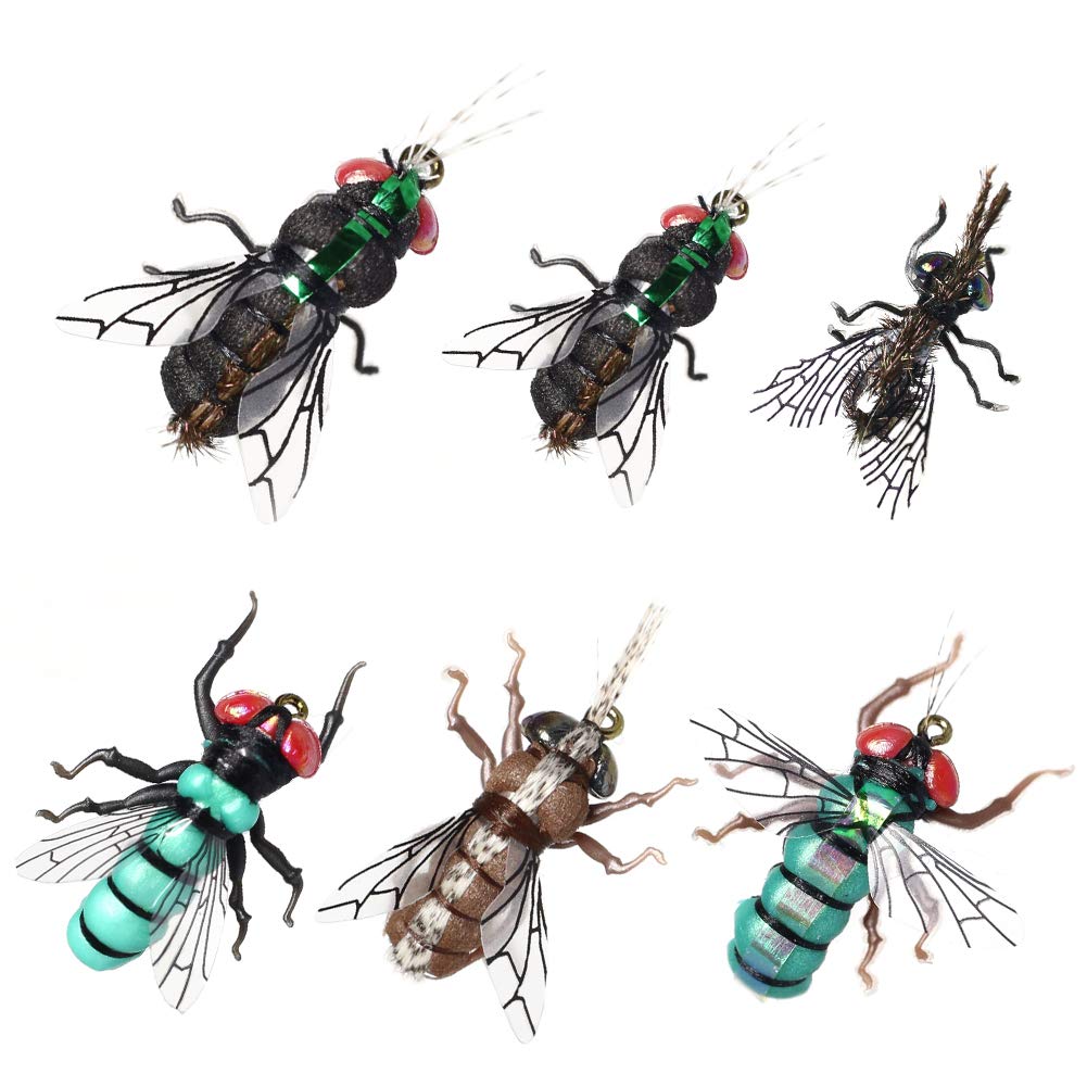 YZD Realistic Fly Fishing Flies Set Dry Mosquito Bottle Flies Bumble Wasp Steelhead Rainbow Trout Handmade Fishing Lure kit Flyfishing (2-Realistic Green & Blue & Gary Bottle Fly Set of 24 Flies)
