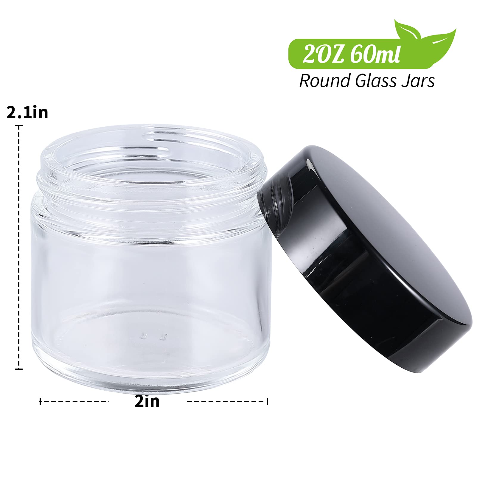 2oz Jars with Lids, HOA Kinh 30 Pack Clear Glass Jars Empty Cosmetic Containers Round Airtight Glass Jar with Inner Liners and black Lids for Storing Lotions, Powders, and Ointments