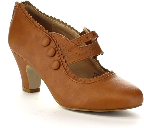 Amazon.com | Chase & Chloe Women's Button Retro Mary Jane Style Mid Heel Dress Pumps Tan Size 10 