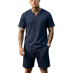 Vividcrate Men's 2 Pieces Cotton-Linen Blend Sets Summer Casual Outfits Short Sleeve Shirts Old Money Beach Shorts And Shirt