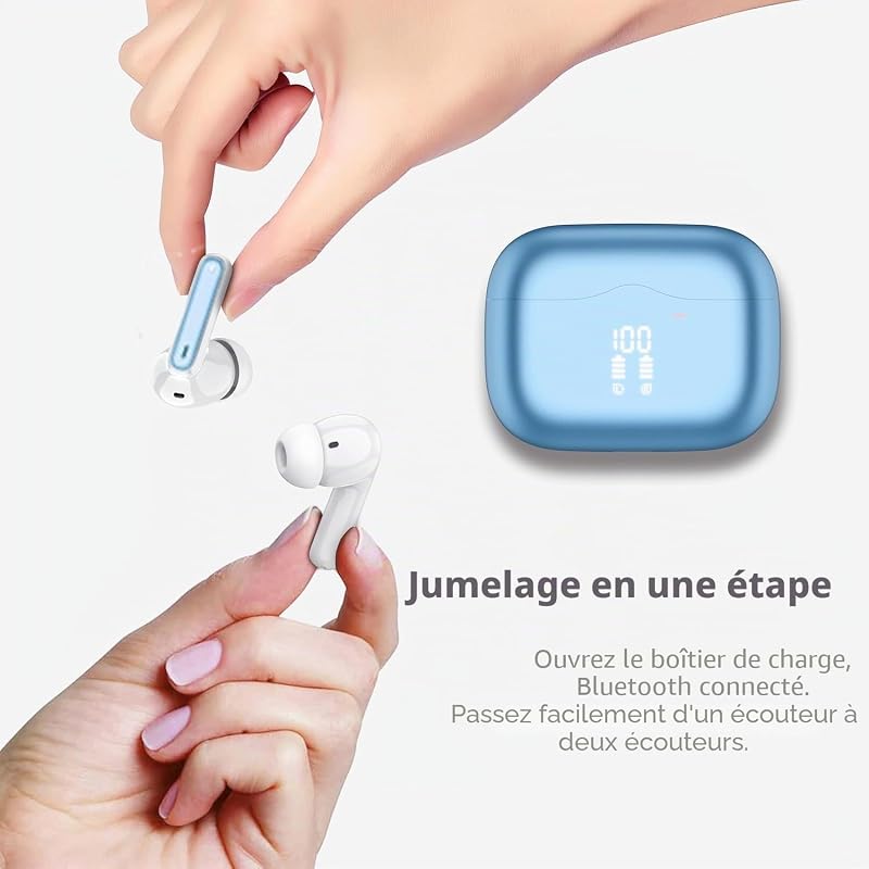 Ecouteurs Bluetooth Sans Fil, Écouteurs Bluetooth 5.4 Hi-FI Stéréo avec 4 ENC Réduction Antibruit Mic, 40H Casque Sans Fil, Écran LED, Contrôle Tactil, IP7 Étanche Oreillette pour iOS Android,Lac Bleu