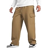 Mens Heavyweight Fleece Cargo Sweatpants - Baggy Fit Thick Cotton-Blend Fleece Cargo Pants with Adjustable Ankle Drawstring