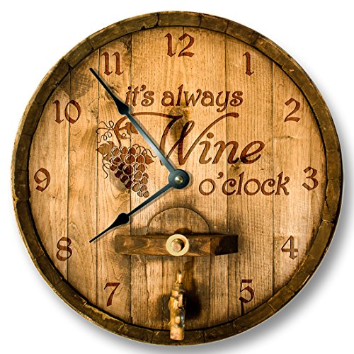 Its always WINE o'clock wall clock - PRINTED IMAGE of wood cask lid - rustic cabin bar home decor