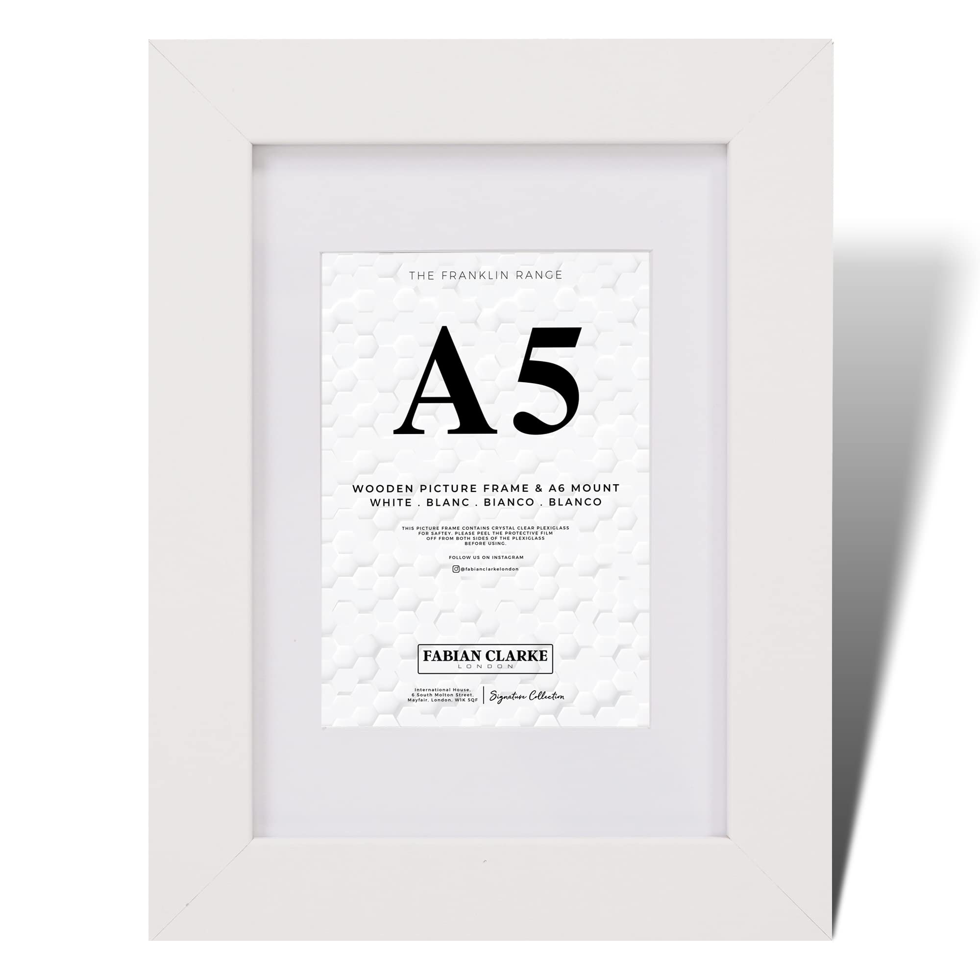 Fabian Clarke London® A5 Modern White Wooden Picture Photo Frame with White A6 Mount Includes Glass Front Hang Portrait or Landscape