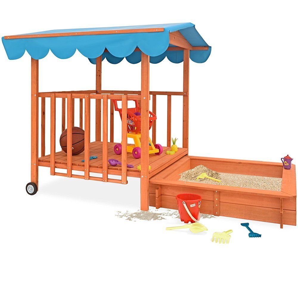 Beach Cabana Sandbox with Retractable Playhouse Kids Children Outdoor