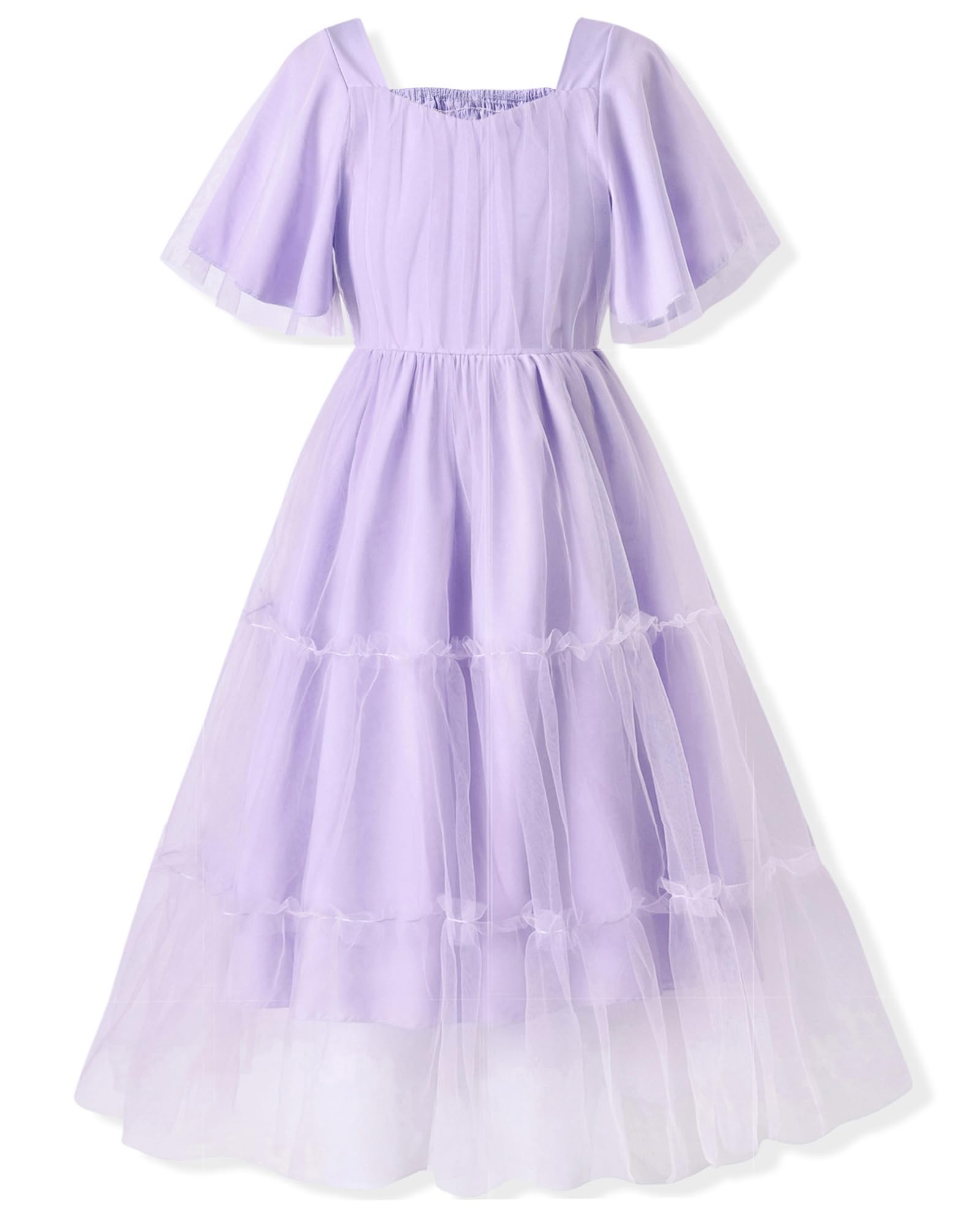 Photo 1 of fioukiay Girls Tiered Tulle Maxi Dress Flower Girl Dresses Vintage Ruffle Sleeve A-Line Formal Bridesmaid Wedding Party Dress (Purple, 10-11 Years)