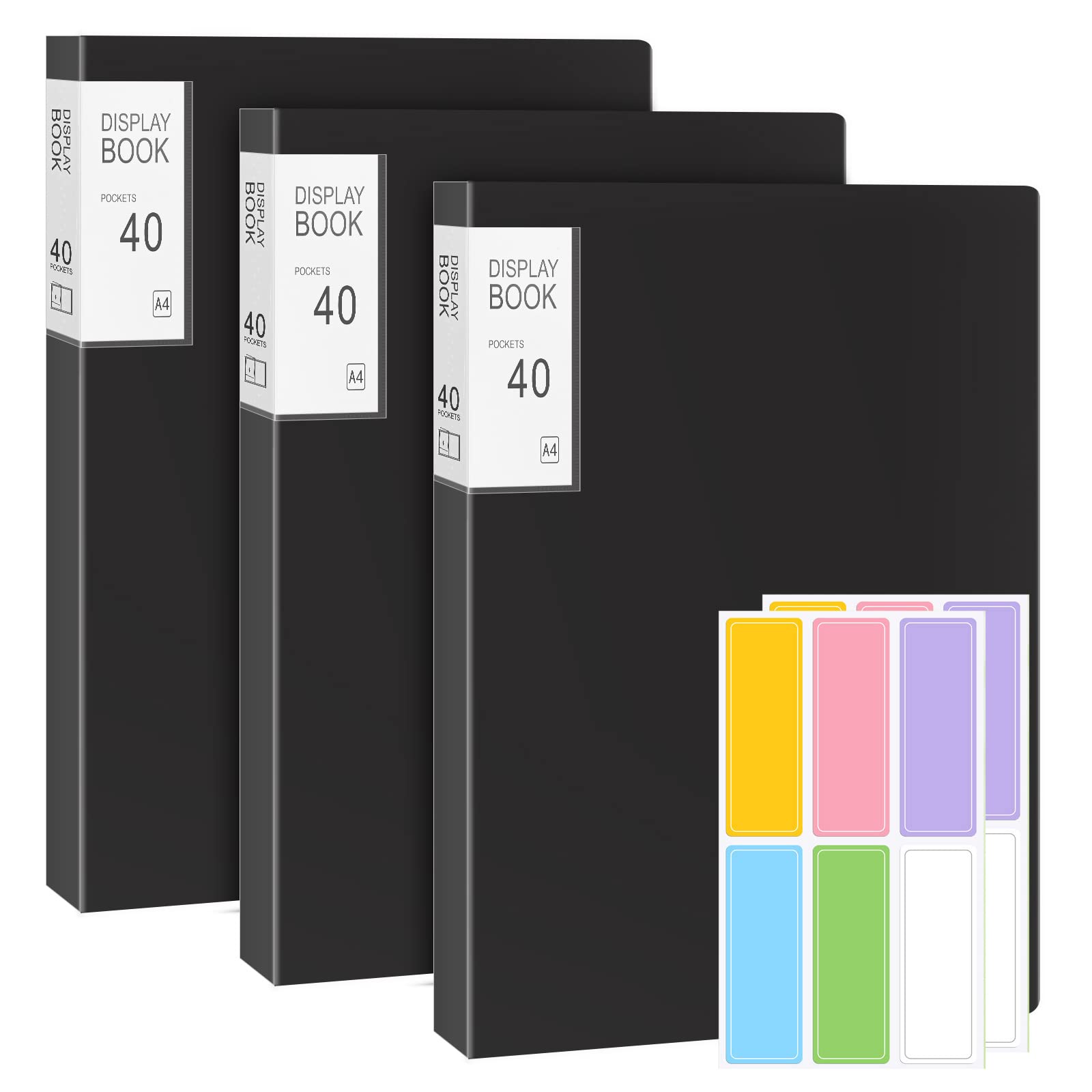 A4 Display Folders, 3 Pack 40 Pockets Book Document Clear Folders with Plastic Sleeves, Pockets, Presentation Folder Project for Individuals, School & Offices, Black