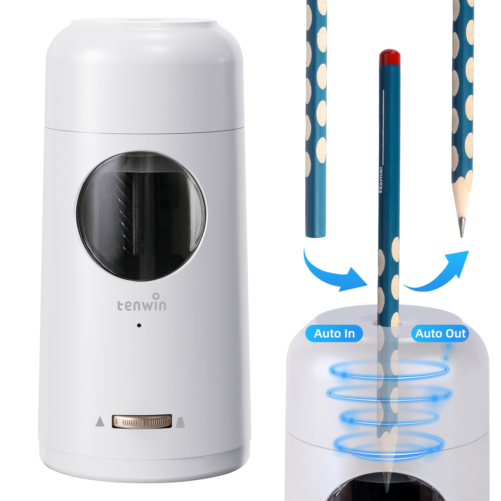 tenwin Fully Automatic Electric Pencil Sharpener, Rechargeable Pencil Sharpener with Container for 7-11.5mm Pencils ＆ Colored Pencils, Portable and Safe for Home, Office, School Use (White)